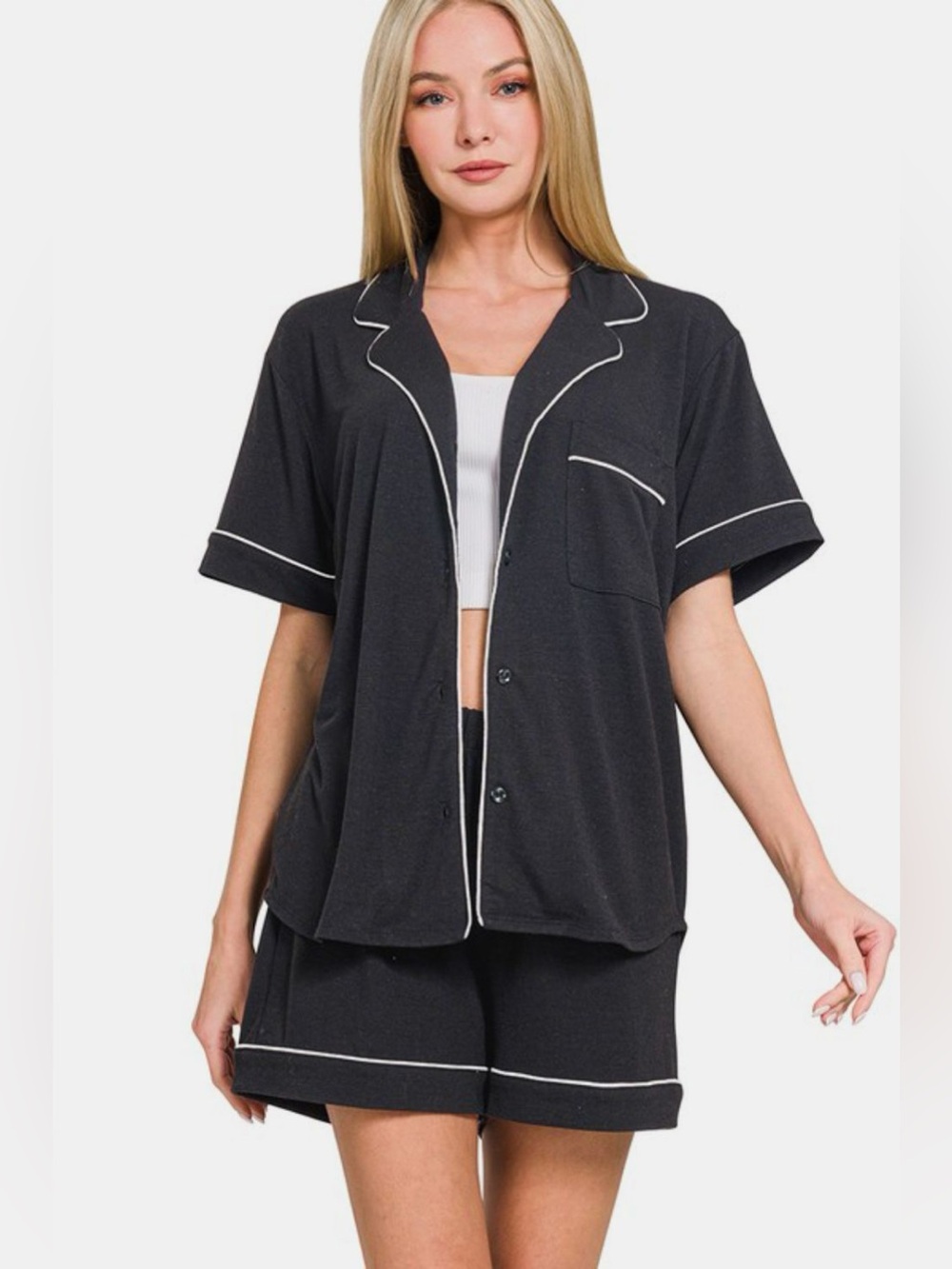 Zenana Button Down Short Sleeve Top and Shorts Lounge Set